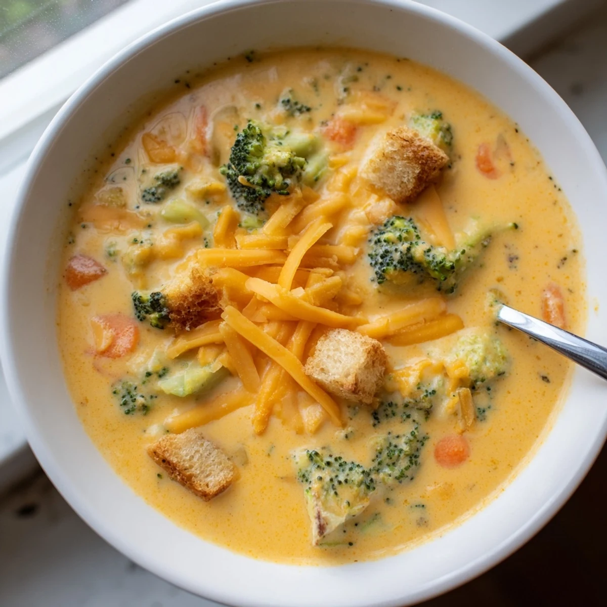 Creamy slow cooker broccoli cheese soup ladled into a rustic bowl with crusty bread