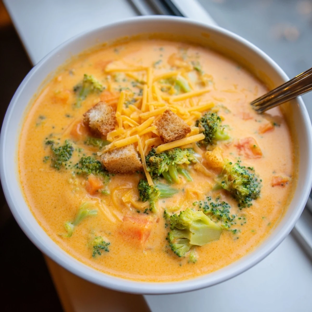 Thick velvety slow cooker broccoli cheese soup garnished with fresh thyme and shredded cheese