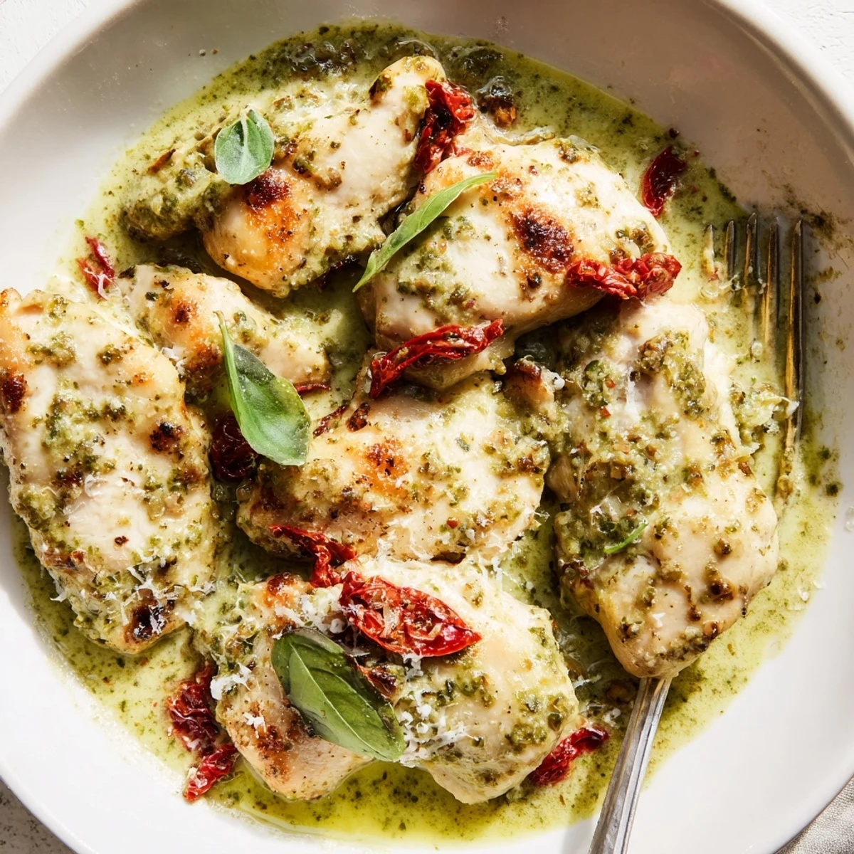 Golden seared Marry Me Chicken Pesto simmering in rich velvety Parmesan cream sauce in cast iron skillet
