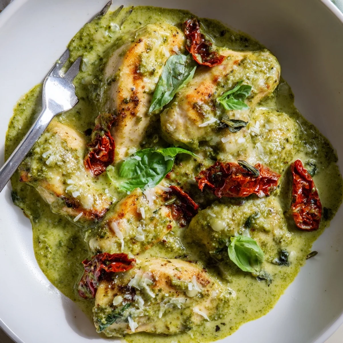 Juicy Marry Me Chicken Pesto in creamy sauce with sun-dried tomatoes and fresh basil garnish