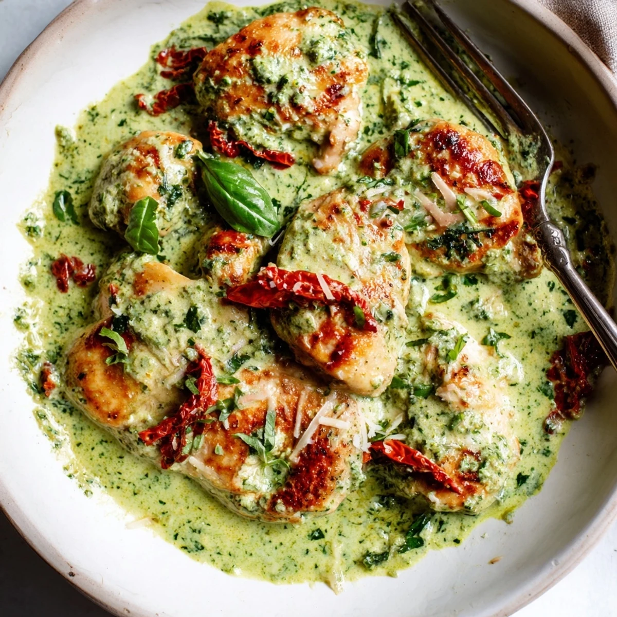 Creamy Marry Me Chicken Pesto plated over pasta topped with torn basil and extra Parmesan shavings