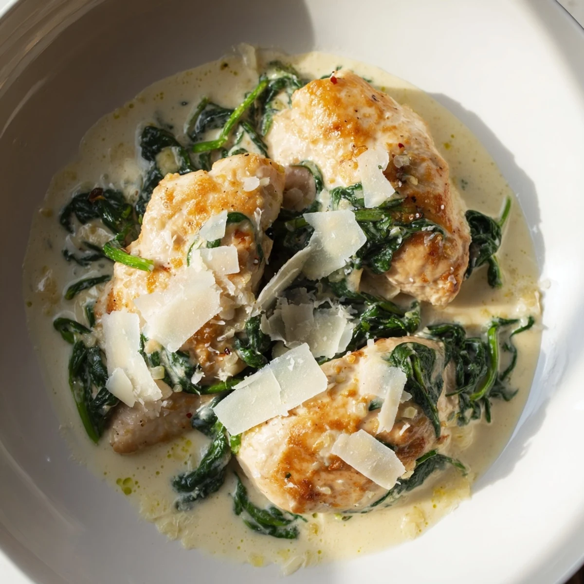 Creamy lemon Parmesan spinach chicken served in a golden bubbling skillet with wilted greens