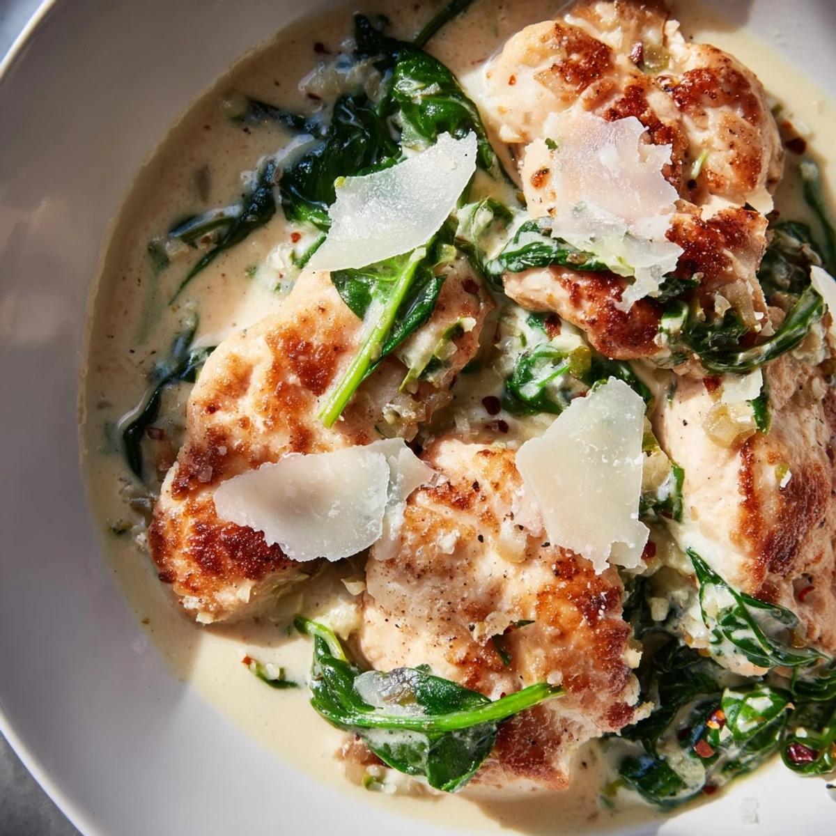 Juicy seared lemon Parmesan spinach chicken topped with a velvety cream sauce and fresh herbs