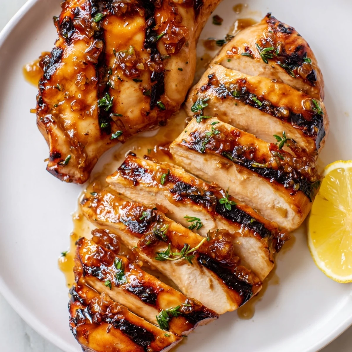 Golden Maple Dijon Grilled Chicken sliced open, garnished with fresh parsley and lemon wedges