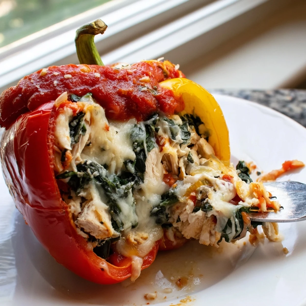 Golden baked Chicken Florentine Stuffed Peppers with bubbling mozzarella and marinara topping