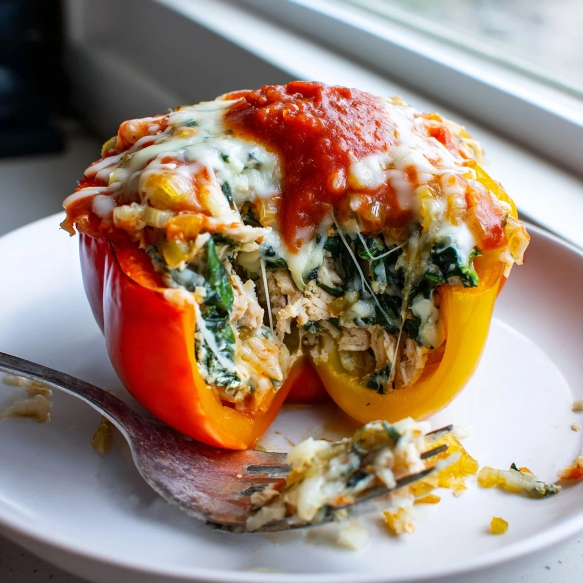 Cheesy Chicken Florentine Stuffed Peppers served on a rustic plate with herb garnish