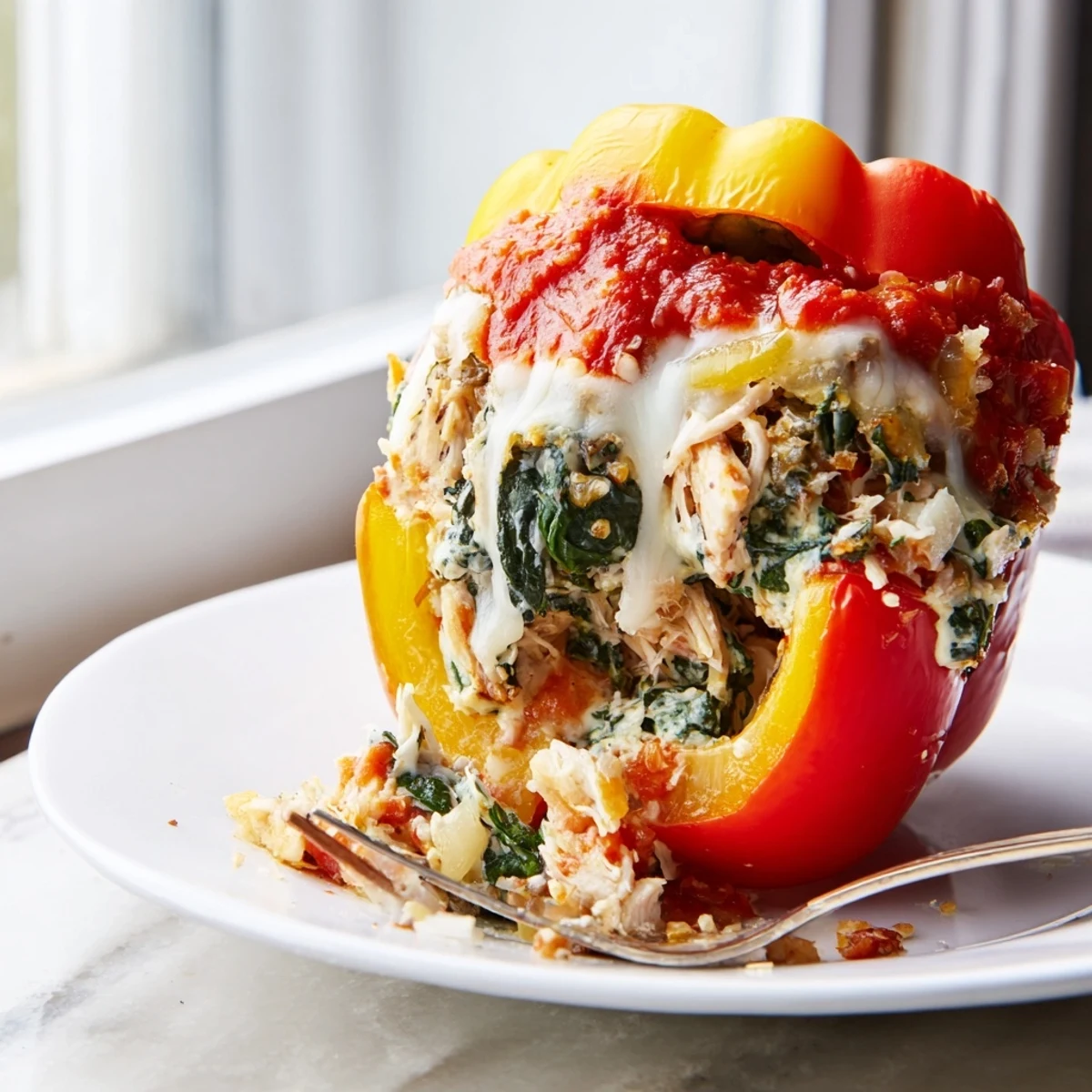 Vibrant bell peppers stuffed with creamy Chicken Florentine filling fresh from the oven