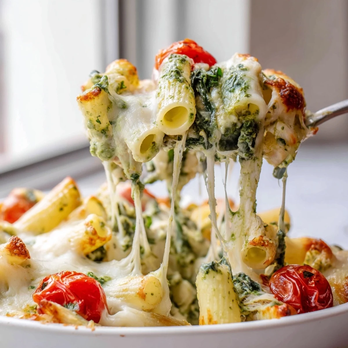 Golden baked pesto chicken pasta bake with bubbling mozzarella and fragrant basil