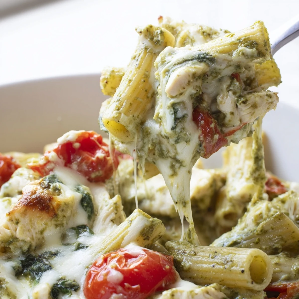 Creamy pesto chicken pasta bake served steaming in a rustic casserole dish