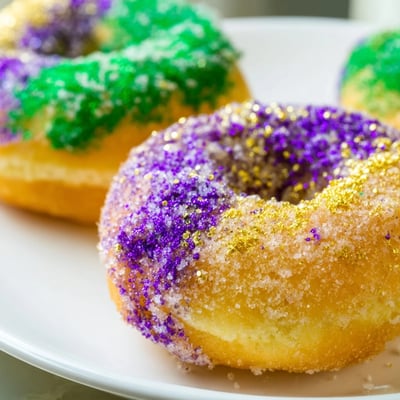 Golden fried yeast donuts brushed with butter and dusted with bright Mardi Gras colored sugars in a party pile.