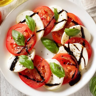 Heart Caprese Salad arranged elegantly with basil leaves, glistening olive oil, and balsamic glaze for a romantic appetizer.  