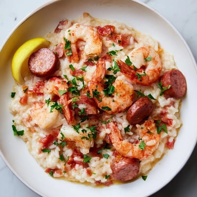 Close-up of Creole Jambalaya Risotto topped with fresh parsley and lemon wedges for serving.