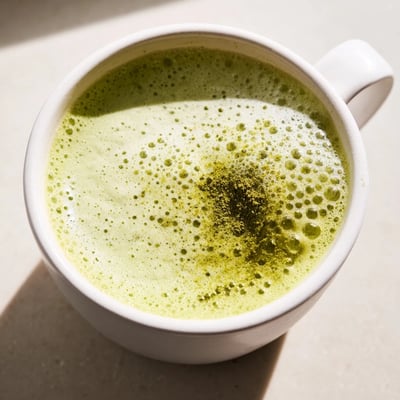 Steaming mug of homemade green matcha latte with almond milk, garnished with a light dusting of matcha powder.  