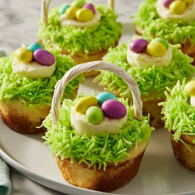These festive Easter Basket Cupcakes feature pastel frosting topped with shredded coconut grass and Cadbury Mini Eggs.