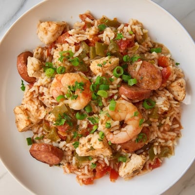 Close-up view of Mardi Gras Jambalaya featuring tender chicken, succulent shrimp, and spicy andouille sausage over fluffy rice.