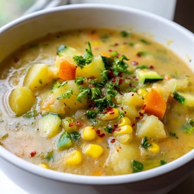Creamy Hearty Potato Corn Zucchini Soup topped with fresh parsley and red pepper flakes