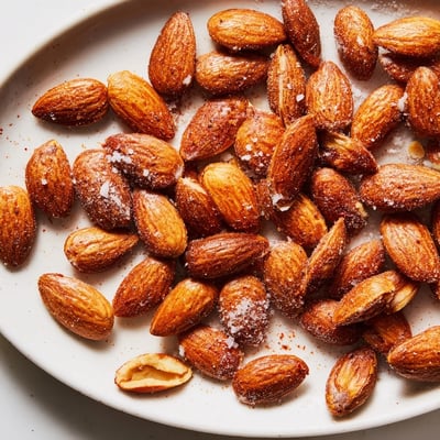 Crunchy roasted almonds scattered across parchment, lightly browned and coated with spices.