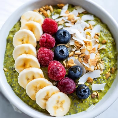 Vibrant green matcha overnight oats in a jar with coconut flakes and chopped pistachios
