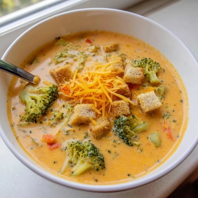 Steaming bowl of slow cooker broccoli cheese soup topped with melted cheddar and croutons