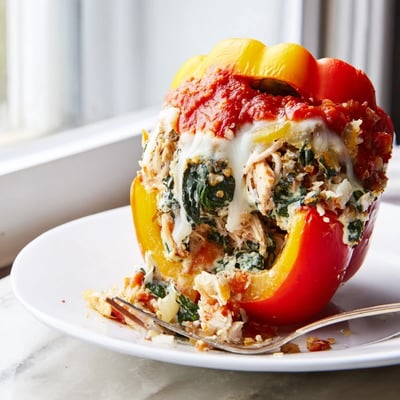 Vibrant bell peppers stuffed with creamy Chicken Florentine filling fresh from the oven